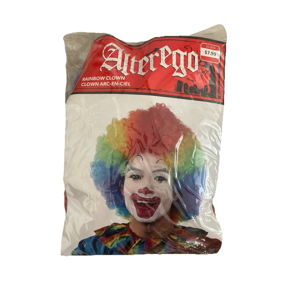 Alterego Clown Wig Rainbow Adult Curly Halloween Costume Vtg Y2K NEW *flaw